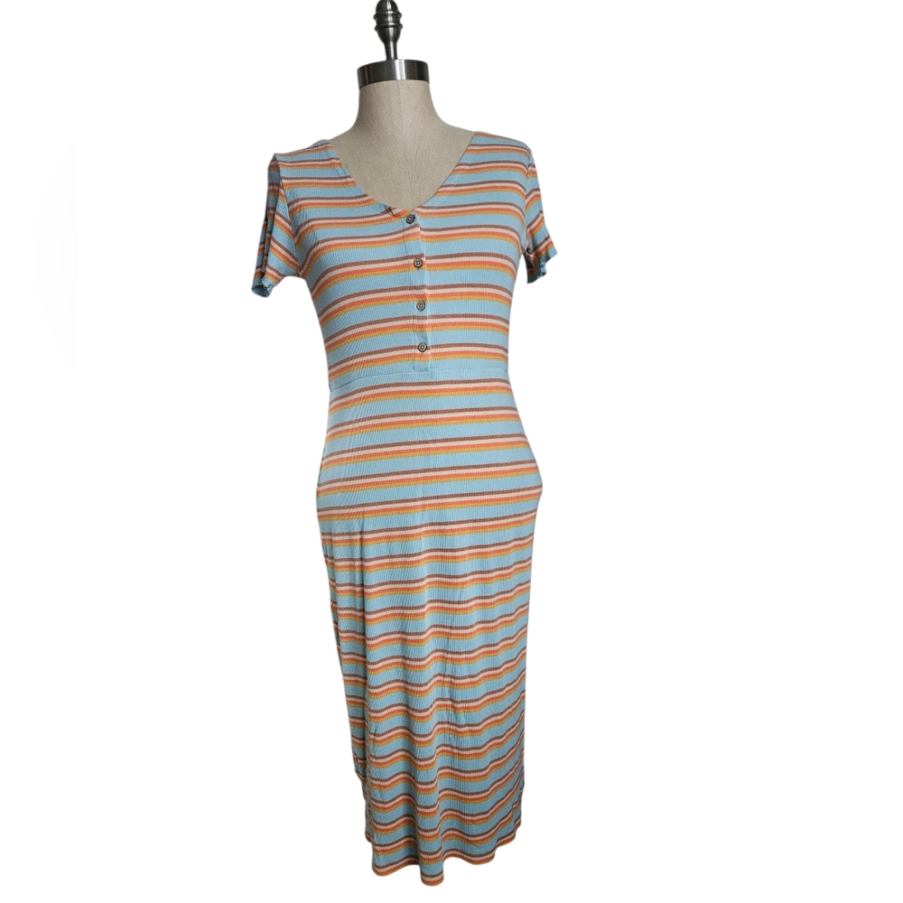 ROXY "Bring It On" Striped Short Sleeve Ribbed Bodycon Dress | SZ M - Picture 2 of 9
